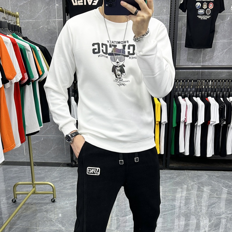 欧货渐变色卫衣男修身圆领套头卡通印花长袖体恤打底衫加绒上衣潮