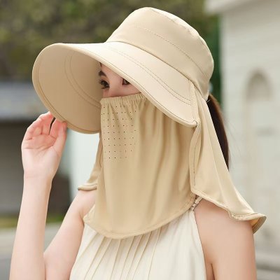 新款大檐遮阳帽子女士冰丝遮脸披肩渔夫帽户外防紫外线面纱采茶帽