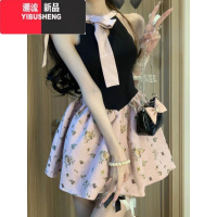 YIBUSHENG法式碎花挂脖连衣裙子女季高级感气质公主蓬蓬裙收腰小个子短裙