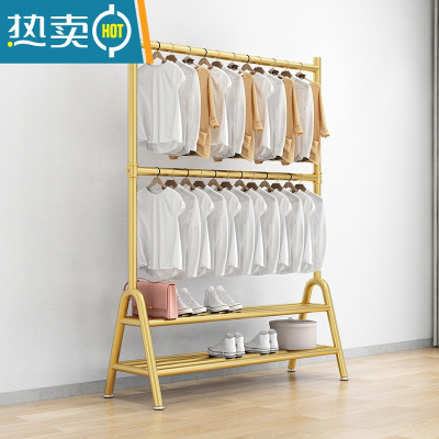 敬平双层晾衣架落地折叠卧室内宿舍出租房挂衣杆上下两多层衣帽收纳架 金双层双板长100高可调160到200