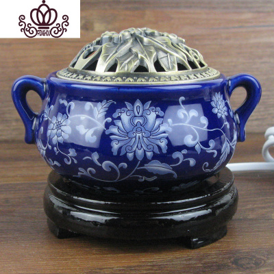 封后定时调温电子檀香炉陶瓷香薰炉沉香炉佛精油插电香薰灯木屑粉盖双耳景泰蓝(金属盖)