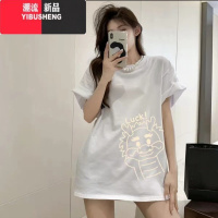 YIBUSHENG美式中长款宽松短袖T恤2024装新款女别致小衫大码上衣半袖