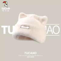 帽子女冬季可爱猫耳朵针织冷帽毛线帽百搭护耳保暖包头毛绒堆堆帽