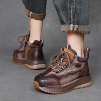 头层牛皮复古厚底休闲鞋女秋季新款百搭拼色高帮鞋软底短靴