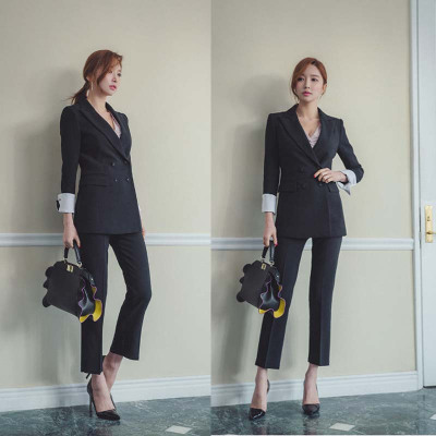 语娄春季新款韩国时尚双排扣职业小西装女士气质外套九分裤两件套装潮2021西装