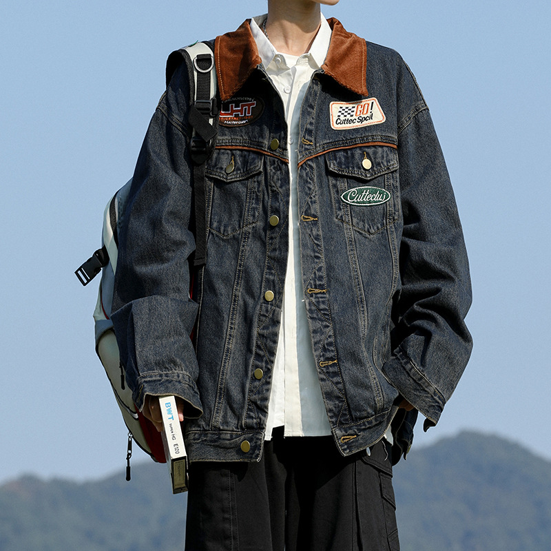 春秋季牛仔夹男美式潮牌复古宽松痞帅男士上衣工装夹克牛仔外套男
