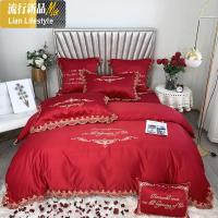 公主风欧式棉棉新婚庆床上四件套大红色刺绣结婚被套喜庆床品 三维工匠