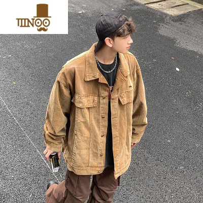 YANXU2023新款春季美式复古高街纯色牛仔夹克男生简约宽松休闲百搭外套