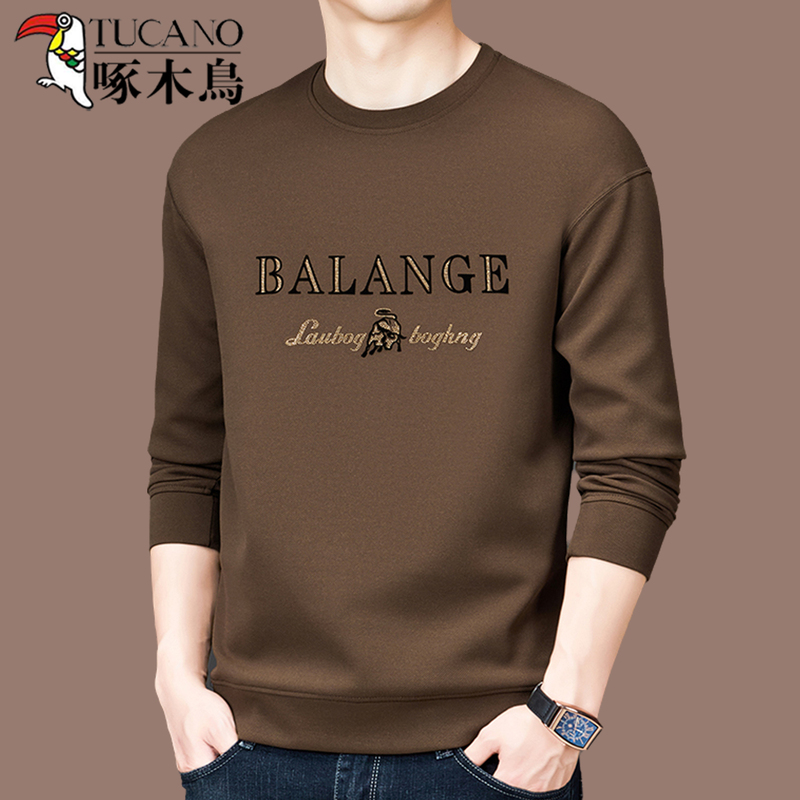 啄木鸟品牌秋冬新款长袖圆领纯棉卫衣男装高档t恤休闲加绒打底衫