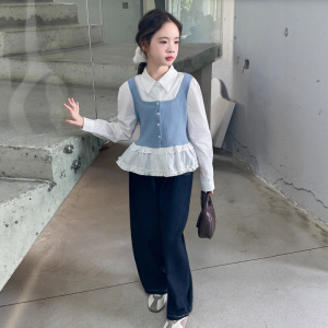 女童套装春秋新款中大童假两件拼接衬衫休闲牛仔裤两件套洋气