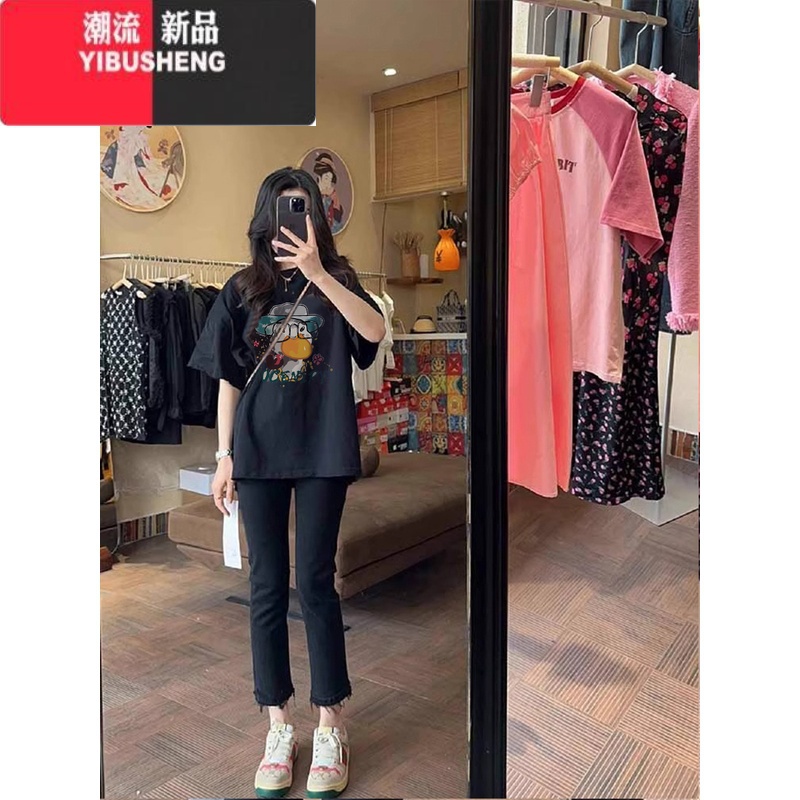 YIBUSHENG韩系穿搭oversize别致印花短袖T恤女季2024新款宽松圆领上衣服
