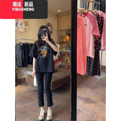 YIBUSHENG韩系穿搭oversize别致印花短袖T恤女季2024新款宽松圆领上衣服