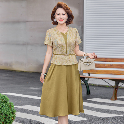夏季妈妈装连衣裙时尚简约中老年女士休闲长裙子拼接款女短袖夏款