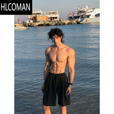 HLCOMAN健身运动黑色速干短裤男夏季薄款跑步外穿裤子美式冰丝沙滩五分裤
