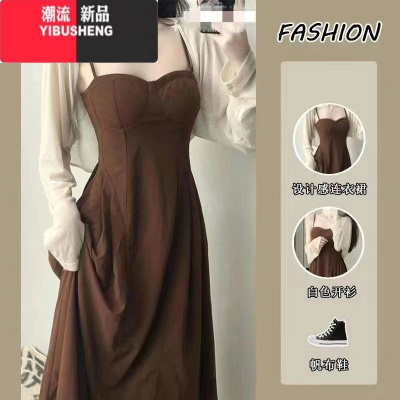YIBUSHENG早新中式法式复古连衣裙女季两件套装高级感收腰吊带长裙子