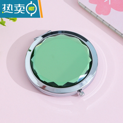 敬平便携随身水晶化妆镜创意迷你小镜子女可爱翻盖式双面折叠圆镜便携式用镜 海绿 双面(1面放大)
