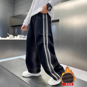 男童加绒牛仔裤秋冬新款儿童阔腿裤子加厚中大童冬季长裤炸街