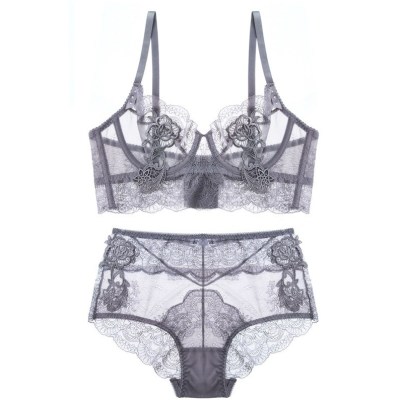 可莉允法式性感蕾丝网纱超薄透视文胸套装调整型收副乳聚拢内衣无海绵文胸套装