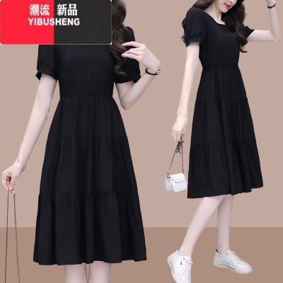 YIBUSHENG白色短袖连衣裙女2024季新款气质减龄胖mm遮肚收腰显瘦中长裙子