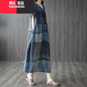 YIBUSHENG文艺棉麻连衣裙女季新款大码女装拼接洋气短袖v领亚麻裙中长款