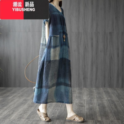 YIBUSHENG文艺棉麻连衣裙女季新款大码女装拼接洋气短袖v领亚麻裙中长款