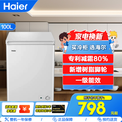 海尔(Haier)100升 家用卧式冰柜 冷柜 小冰箱 减霜80% 一级能效 断电保护 带脚轮BC/BD-100GHDT