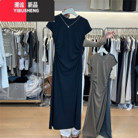 YIBUSHENG东大门女装新款法式收腰修身连衣裙女季不规则褶皱掐腰气质长裙