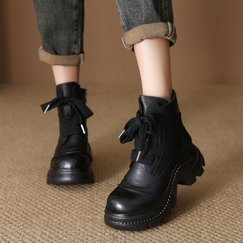 头层牛皮马丁靴女秋冬新款厚底复古百搭短靴女英伦风拉链