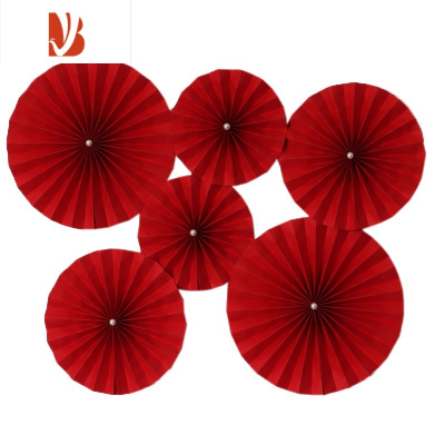 三维工匠结婚房装饰纸扇花喜字折扇剪纸网红婚礼婚庆用品客厅床头双喜折纸纯色珍珠纸扇花6个装大小混搭婚庆布景