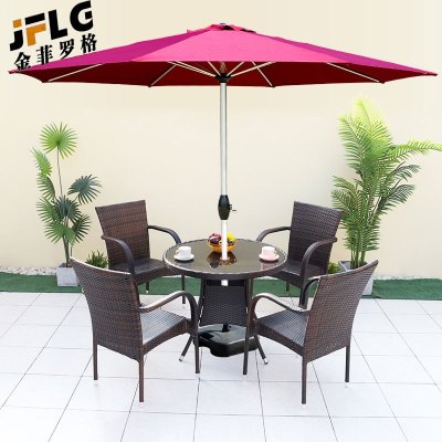 苏宁 金菲罗格 办公家具 阳台室外露天庭院户外桌椅带伞组合 编藤半包4椅圆桌配伞