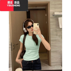 YIBUSHENG薄荷绿正肩短袖t恤女2024新款季修身半袖小众设计感掐腰上衣薄
