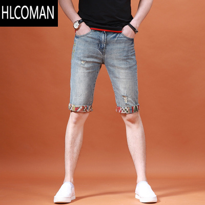 HLCOMAN夏季牛仔中裤男韩版潮牌高端微弹修身五分裤夏款破洞刺绣短裤男裤