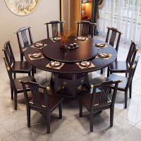 中式实木餐桌带转盘家用10人大圆桌子现代简约饭桌椅组合饭店圆桌