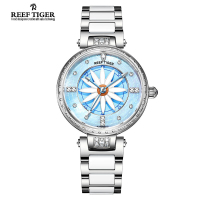 瑞夫泰格REEF RIGER正品手表进口机芯全自动机械表女表防水时尚陶瓷腕表个性旋转表盘百合夜光表RGA1599