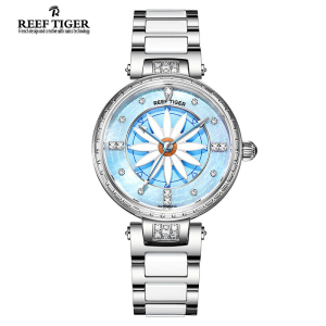 瑞夫泰格REEF RIGER正品手表进口机芯全自动机械表女表防水时尚陶瓷腕表个性旋转表盘百合夜光表RGA1599