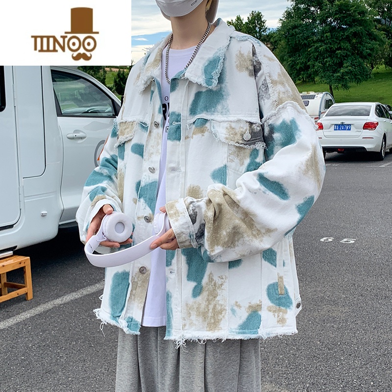YANXU2023新款牛仔外套男ins扎染个性潮牌美式复古嘻哈宽松夹克潮