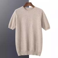 春夏新款男士山羊绒圆领短袖提花蜂窝休闲百搭商务纯色针织T恤男