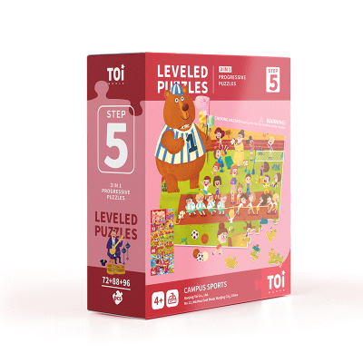 TOI图益进阶版儿童早教益智拼图白卡纸浆安全边线进阶拼图5阶-校园运动手机扫码听场景相关双语小故事