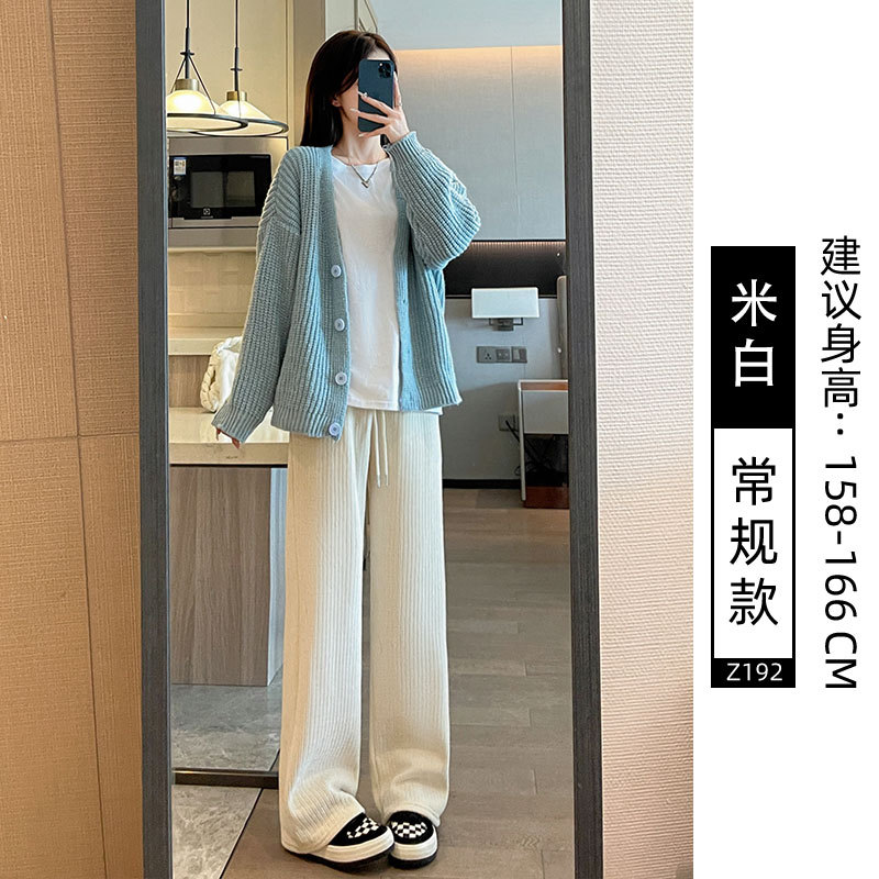 白色雪尼尔阔腿裤女春秋冬季新款直筒针织运动休闲灯芯绒裤子