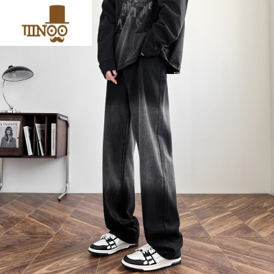 YANXU黑色渐变牛仔裤男秋季薄款美式高街潮牌直筒宽松阔腿炸街痞帅裤子