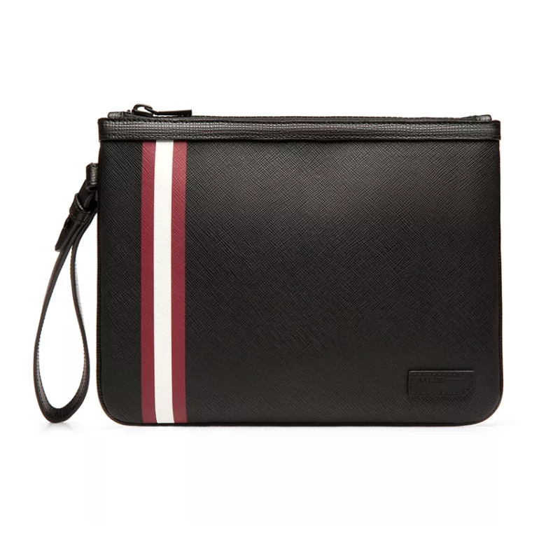 bally 巴利 新款欧美时尚黑色帆布撞色条纹男士手拿包