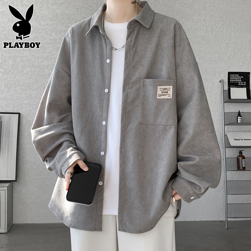 花花公子浅灰长袖衬衫男士春秋款灯芯绒衬衣服潮牌秋季宽松外套男