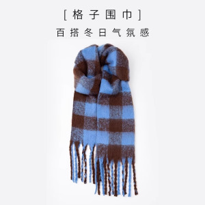 2025新款秋冬季加绒加厚围巾女黑白格子韩式百搭情侣保暖围脖