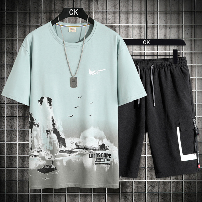 旗舰特卖-2021年新款男士运动套装休闲款短袖套装薄款圆领套头T恤男短袖五分裤运动短袖T恤套装男装娅洛尔