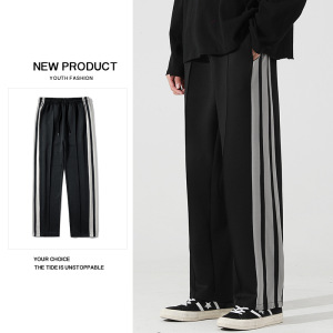 男装休闲裤韩版男士宽松直筒春秋潮流运动裤百搭三条杠长裤子