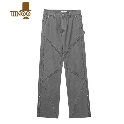 YANXU美式高街复古纯色拉链做旧水洗宽松显瘦牛仔裤男女长裤