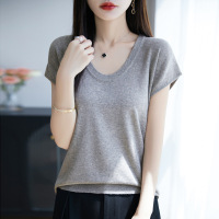 2026年夏季新款精纺羊毛U领针织衫短袖纯色抽条套头打底衫上衣女