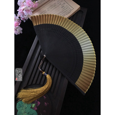 江户日式日本和风折扇子和服扇女扇小花刻渐变空白扇金色绿三维工匠蓝色渐变+大珠流苏灰蓝