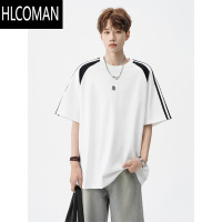 HLCOMAN美式条纹撞色拼接短袖t恤男新款潮牌设计感百搭圆领半袖体恤