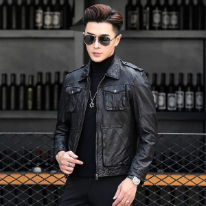新款真皮皮衣男皮夹克哈雷机车服摩托绵羊植鞣皮帅气潮流外套短款